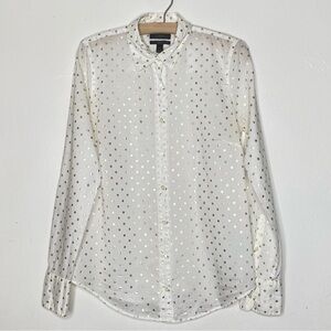 J Crew “Perfect” Collared White and Gold Polka Dot Button-Up Shirt